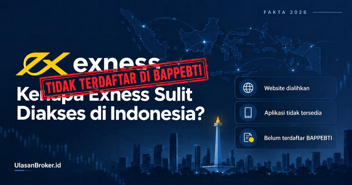 Logo Exness dengan stempel merah bertuliskan Tidak Terdaftar di BAPPEBTI, berlatar peta Indonesia dan siluet Monas
