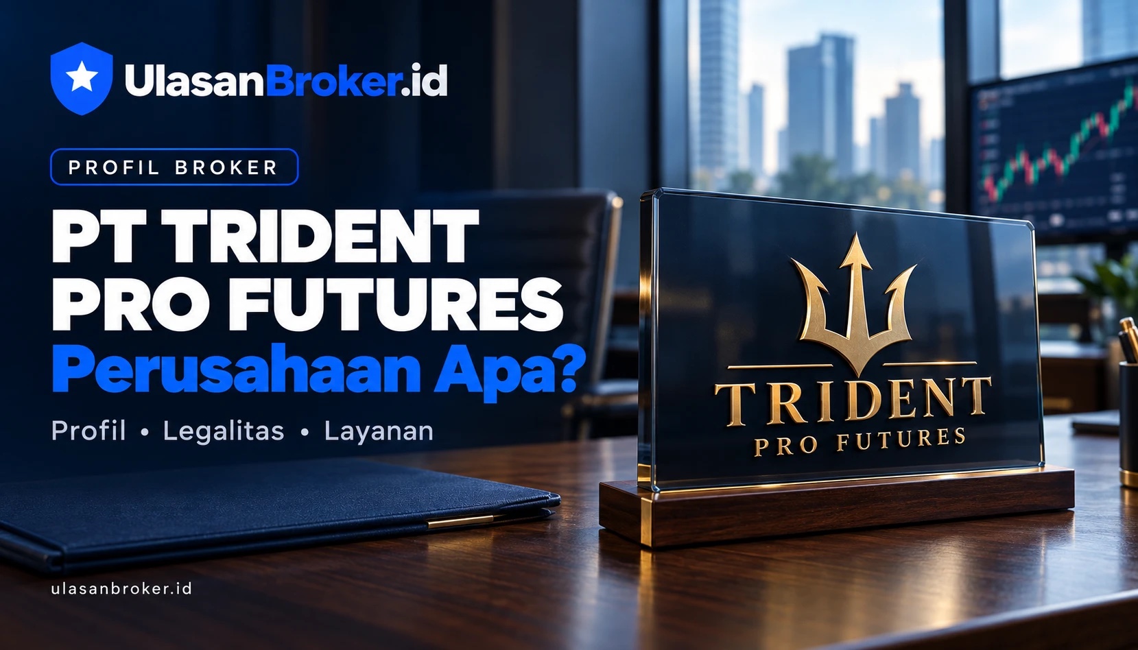 Plakat kaca berlogo trisula emas bertuliskan Trident Pro Futures di meja kantor, dengan latar gedung perkantoran Jakarta dan layar grafik harga
